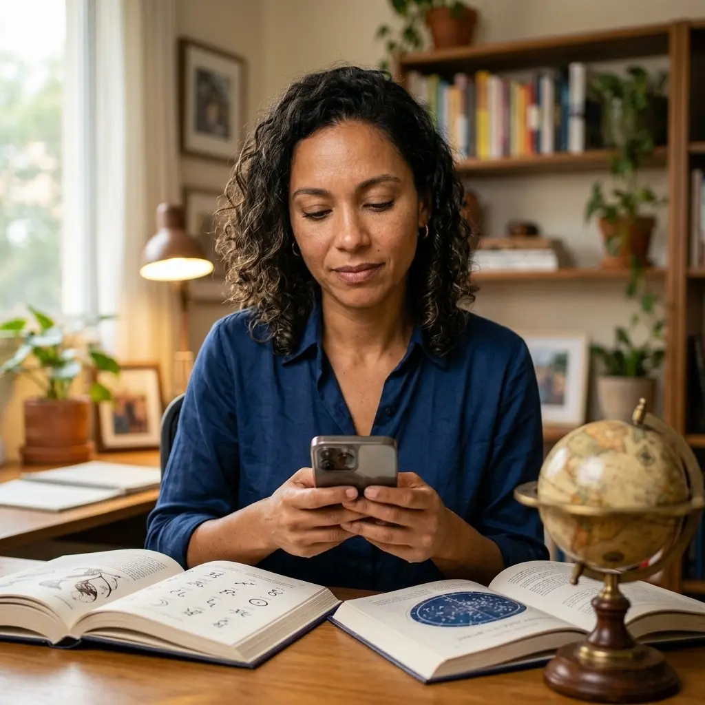 Mulher lendo uma conversa no celular em ambiente acolhedor com livro de astrologia.